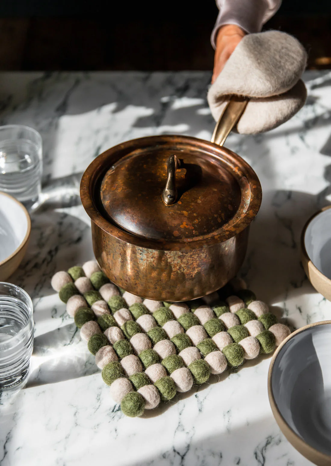 Artisan Felt Pom Pom Trivet - Natural & Moss - Image 3